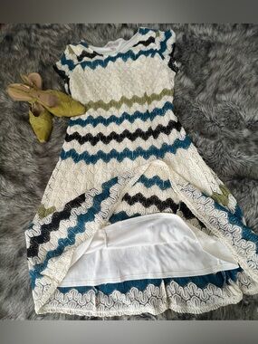 White Lace A-Line Dress with Teal & Olive Wave Trim